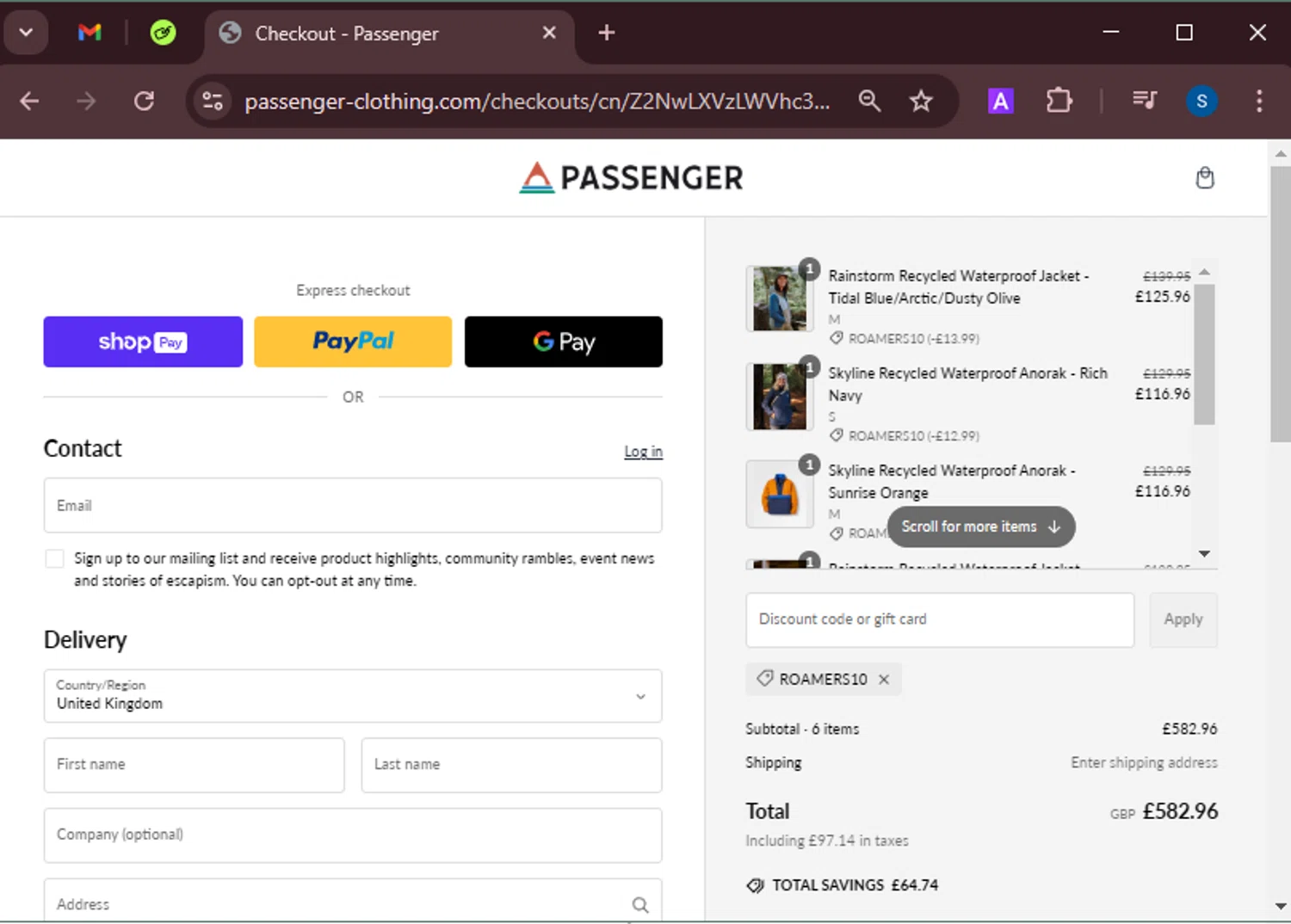 Passenger Clothing discount code screenshot showing code ROAMERS10 applied at Passenger Clothing checkout page. Uploaded by SimplyCodes community member BrandoJose1 on Feb 8, 2025