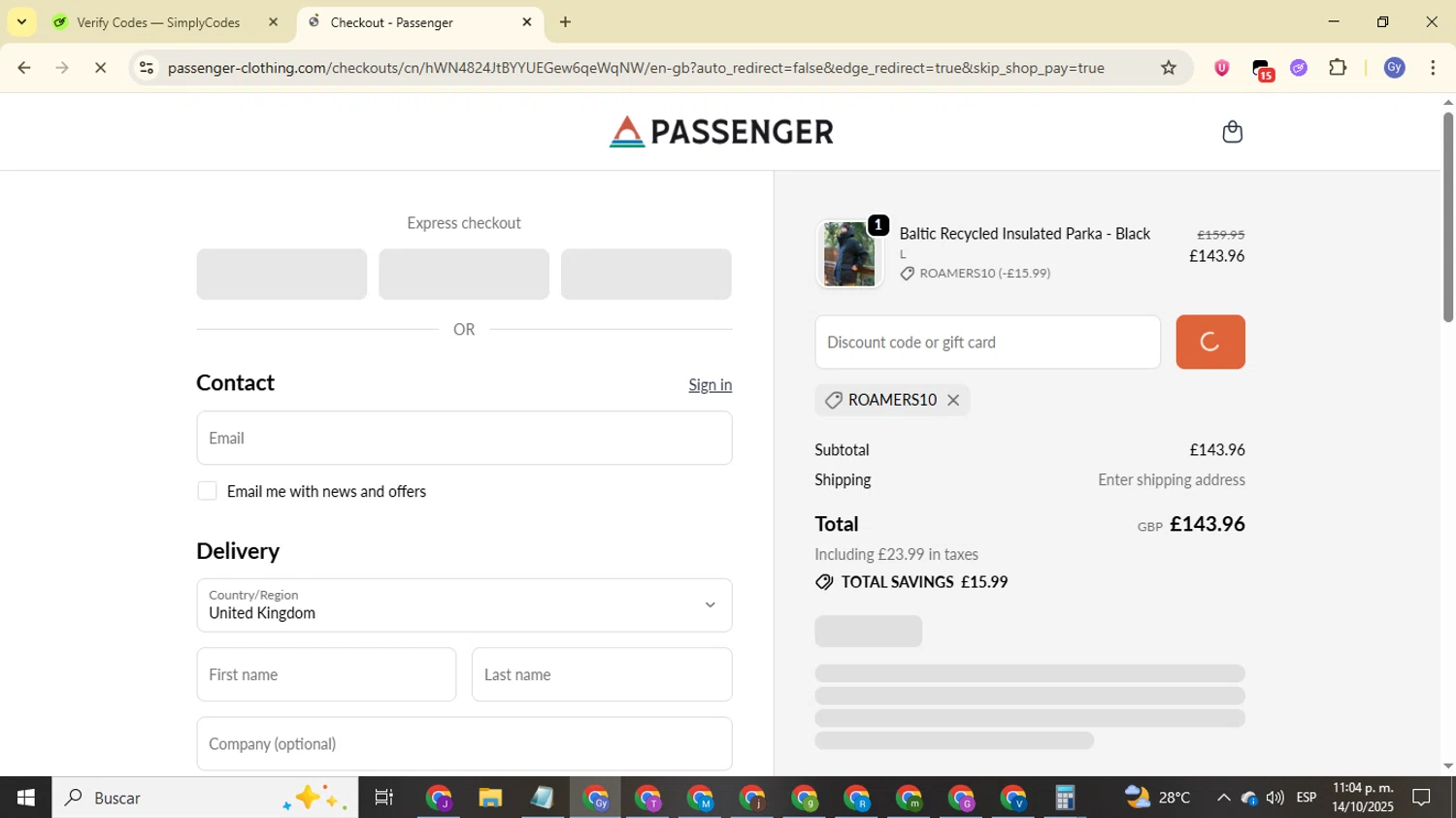 Passenger Clothing discount code screenshot showing code ROAMERS10 applied at Passenger Clothing checkout page. Uploaded by SimplyCodes community member FrugalOwl962 on Oct 15, 2025