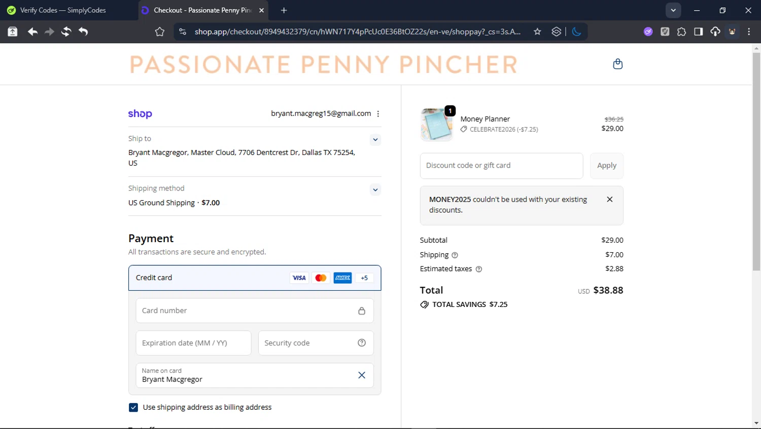 Passionate Penny Pincher promo code screenshot showing code MONEY2025 applied at Passionate Penny Pincher checkout page. Uploaded by SimplyCodes community member PromoSpotter1784 on Dec 30, 2025