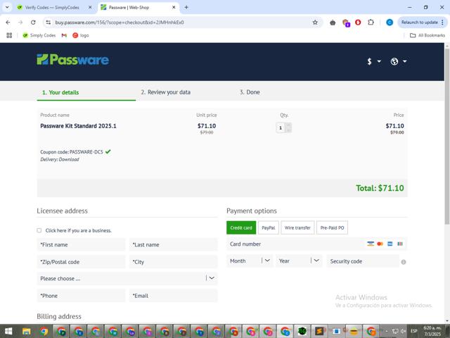 Passware checkout page showing Passware coupon code box | Screenshot taken by SimplyCodes community member on Mar 7, 2025