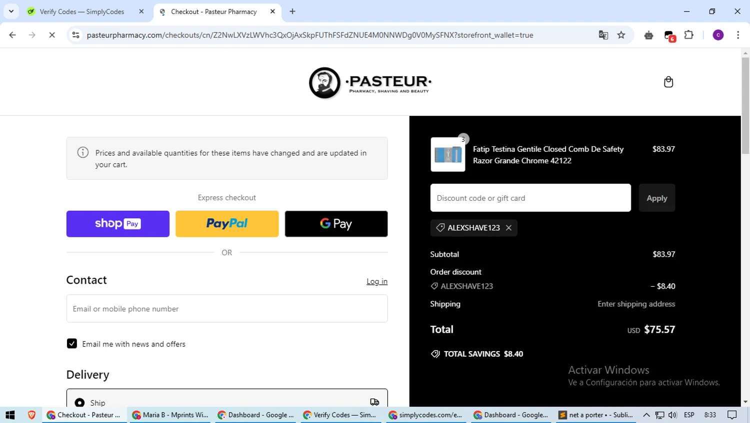 Pasteur Pharmacy discount code screenshot showing code ALEXSHAVE123 applied at Pasteur Pharmacy checkout page. Uploaded by SimplyCodes community member SavingsWarden1053 on Jan 25, 2025