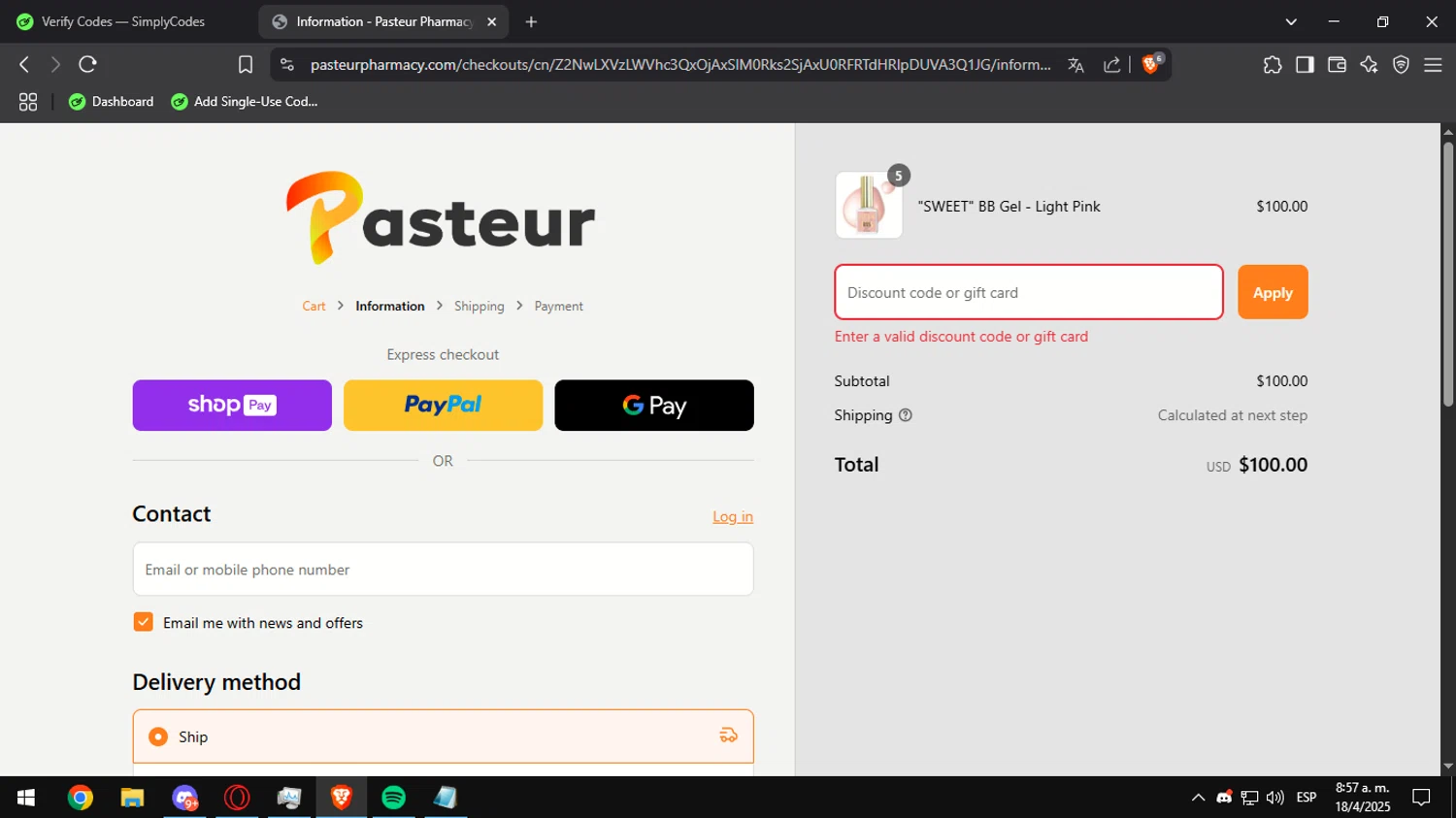 Pasteur Pharmacy discount code screenshot showing code SICILIANSHAVER applied at Pasteur Pharmacy checkout page. Uploaded by SimplyCodes community member Ultrapapu on Apr 18, 2025