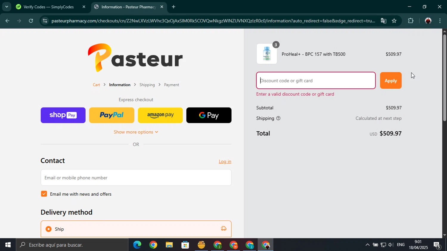 Pasteur Pharmacy discount code screenshot showing code SICILIANSHAVER applied at Pasteur Pharmacy checkout page. Uploaded by SimplyCodes community member youngonzalo on Apr 18, 2025