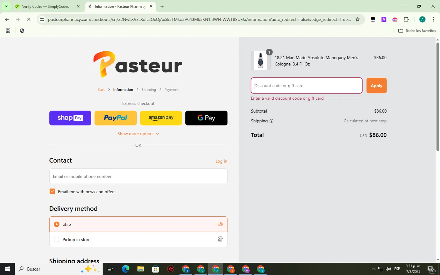 Pasteur Pharmacy discount code screenshot showing code JUSTCOUPONSIG applied at Pasteur Pharmacy checkout page. Uploaded by SimplyCodes community member ThriftyMaverick3223 on Mar 7, 2025