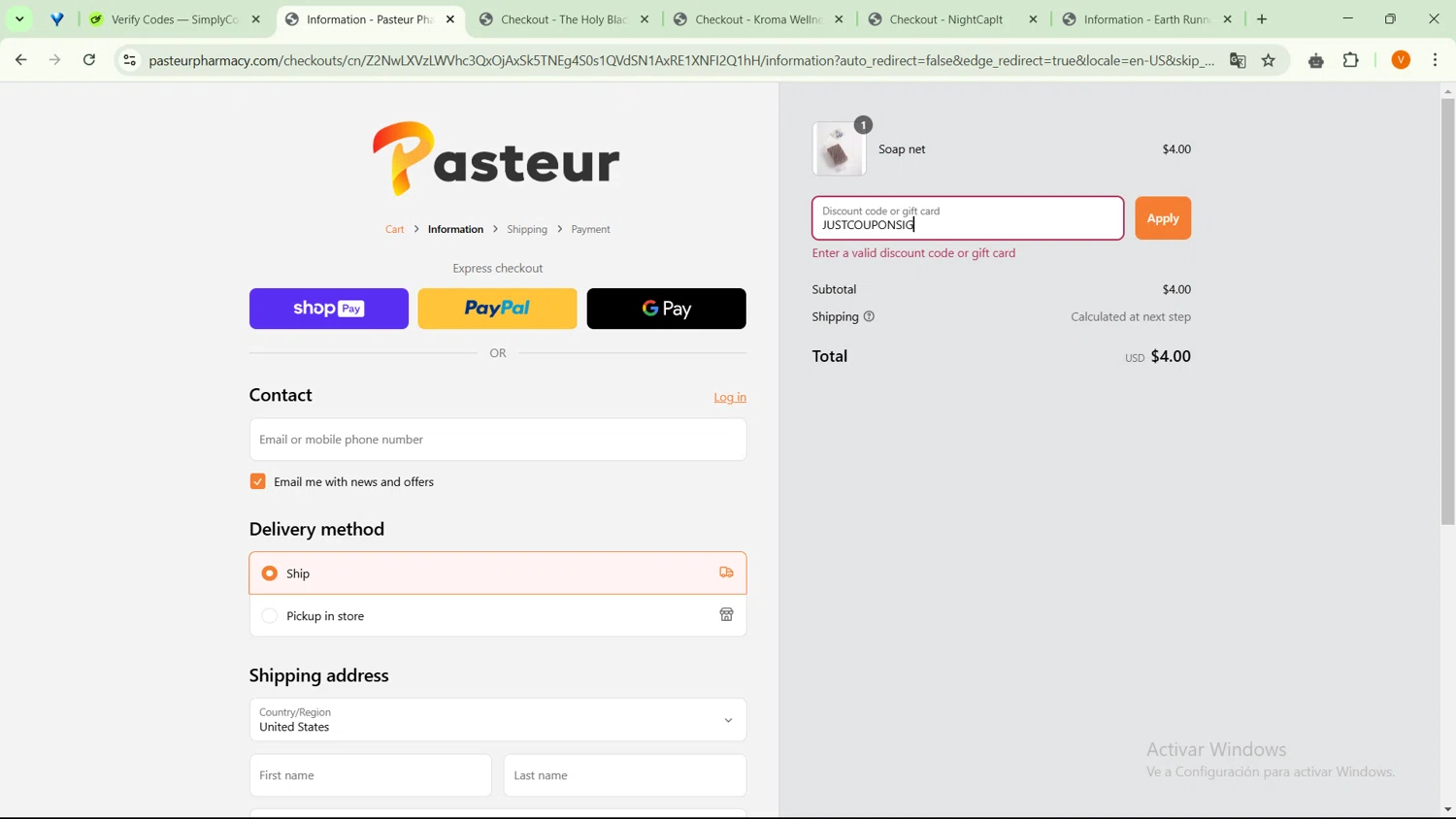 Pasteur Pharmacy discount code screenshot showing code JUSTCOUPONSIG applied at Pasteur Pharmacy checkout page. Uploaded by SimplyCodes community member RebateSaver5991 on Mar 7, 2025