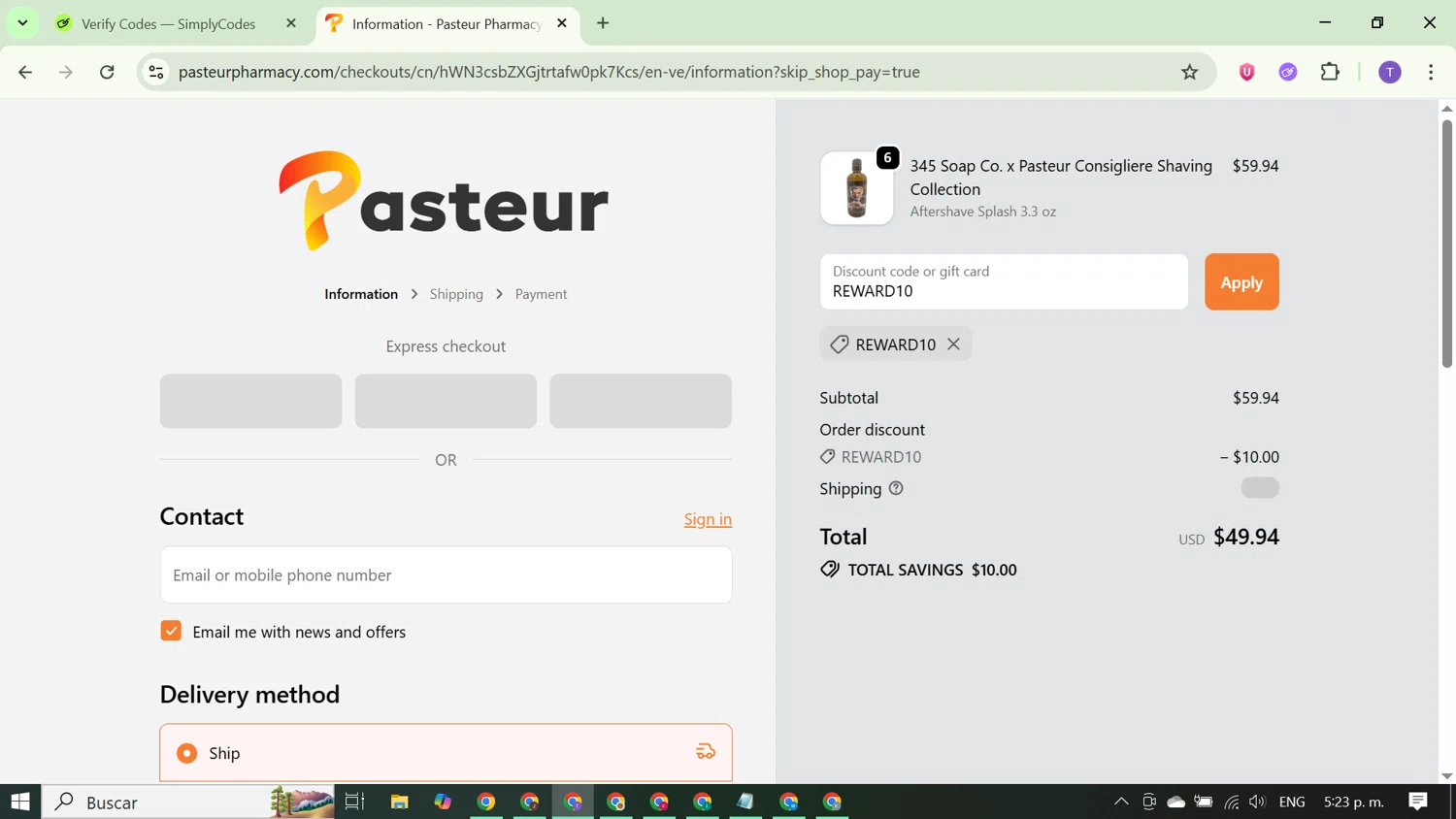 Pasteur Pharmacy checkout page showing Pasteur Pharmacy discount code box | Screenshot taken by SimplyCodes community member on Oct 1, 2025