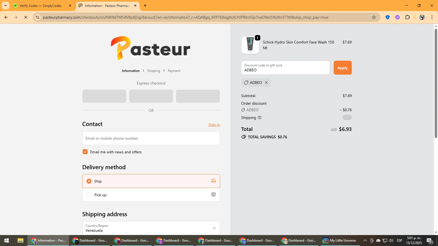 Pasteur Pharmacy checkout page showing Pasteur Pharmacy discount code box | Screenshot taken by SimplyCodes community member on Dec 15, 2025