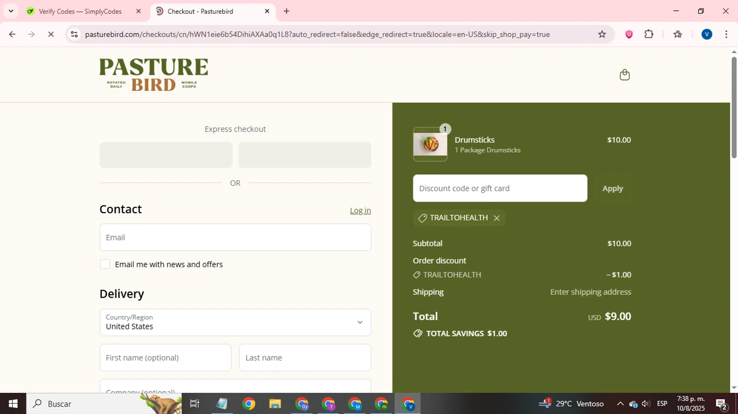 Pasturebird discount code screenshot showing code TRAILTOHEALTH applied at Pasturebird checkout page. Uploaded by SimplyCodes community member CrownTitan5376 on Aug 10, 2025
