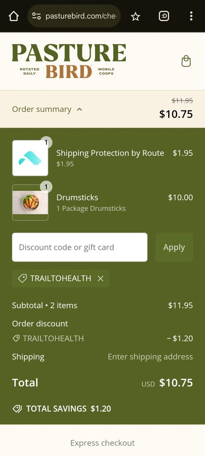 Pasturebird discount code screenshot showing code TRAILTOHEALTH applied at Pasturebird checkout page. Uploaded by SimplyCodes community member CleverPilot4885 on Jan 13, 2025