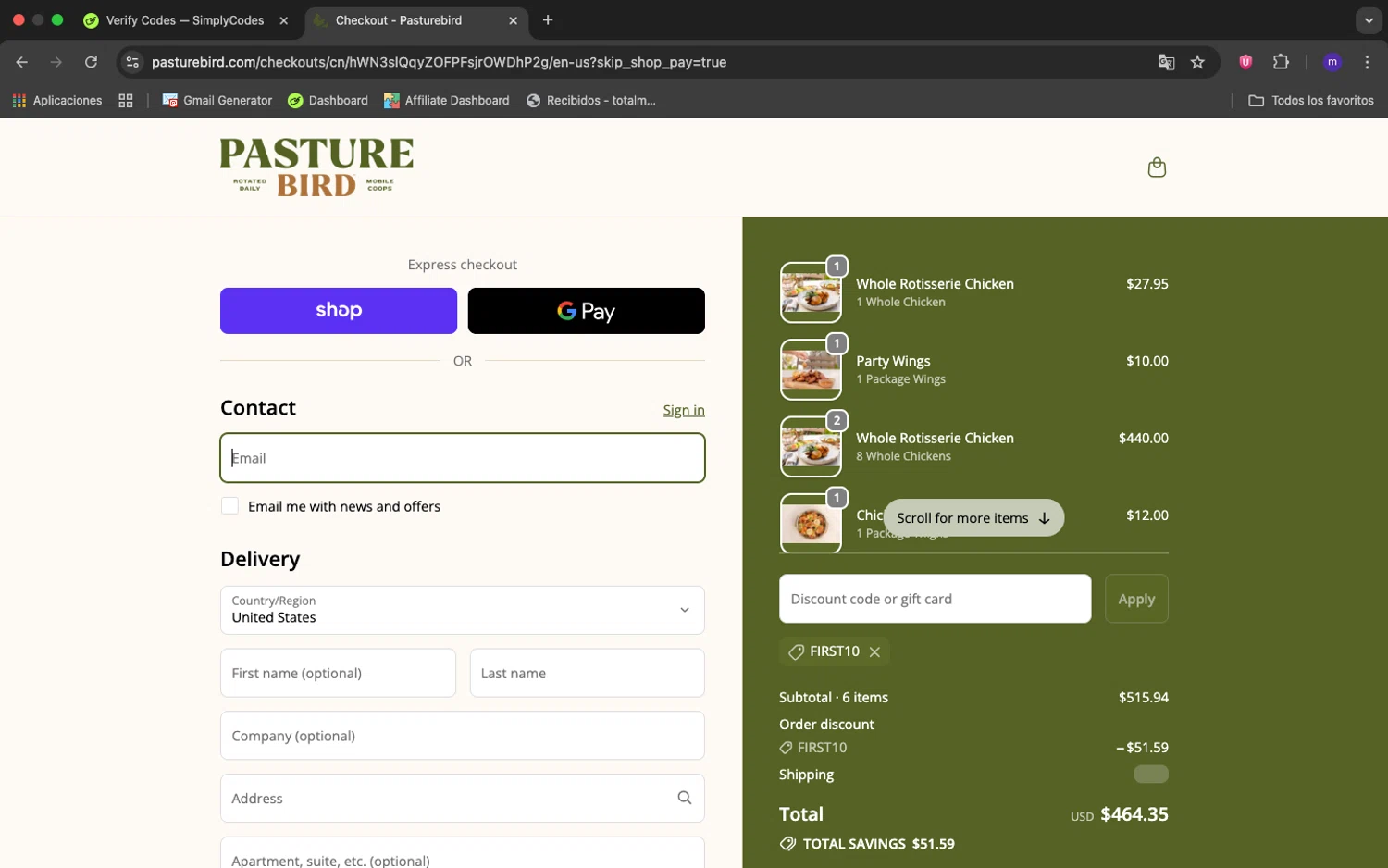 Pasturebird discount code screenshot showing code FIRST10 applied at Pasturebird checkout page. Uploaded by SimplyCodes community member 1234ely on Oct 8, 2025