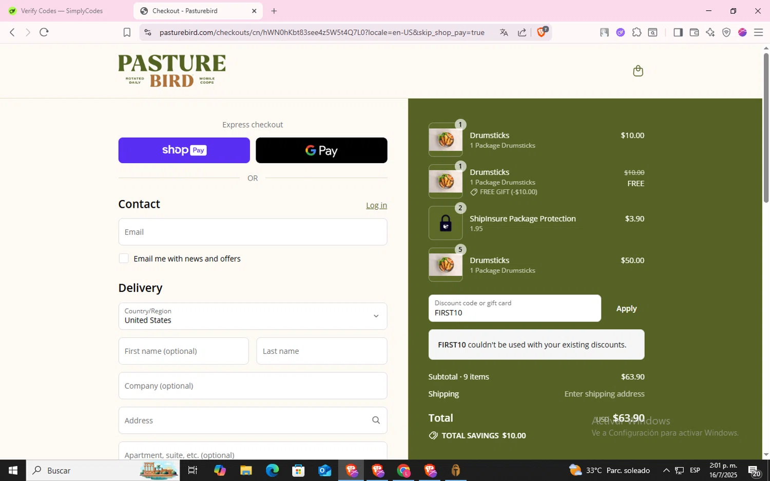 Pasturebird discount code screenshot showing code FIRST10 applied at Pasturebird checkout page. Uploaded by SimplyCodes community member CodeLynx5272 on Jul 16, 2025