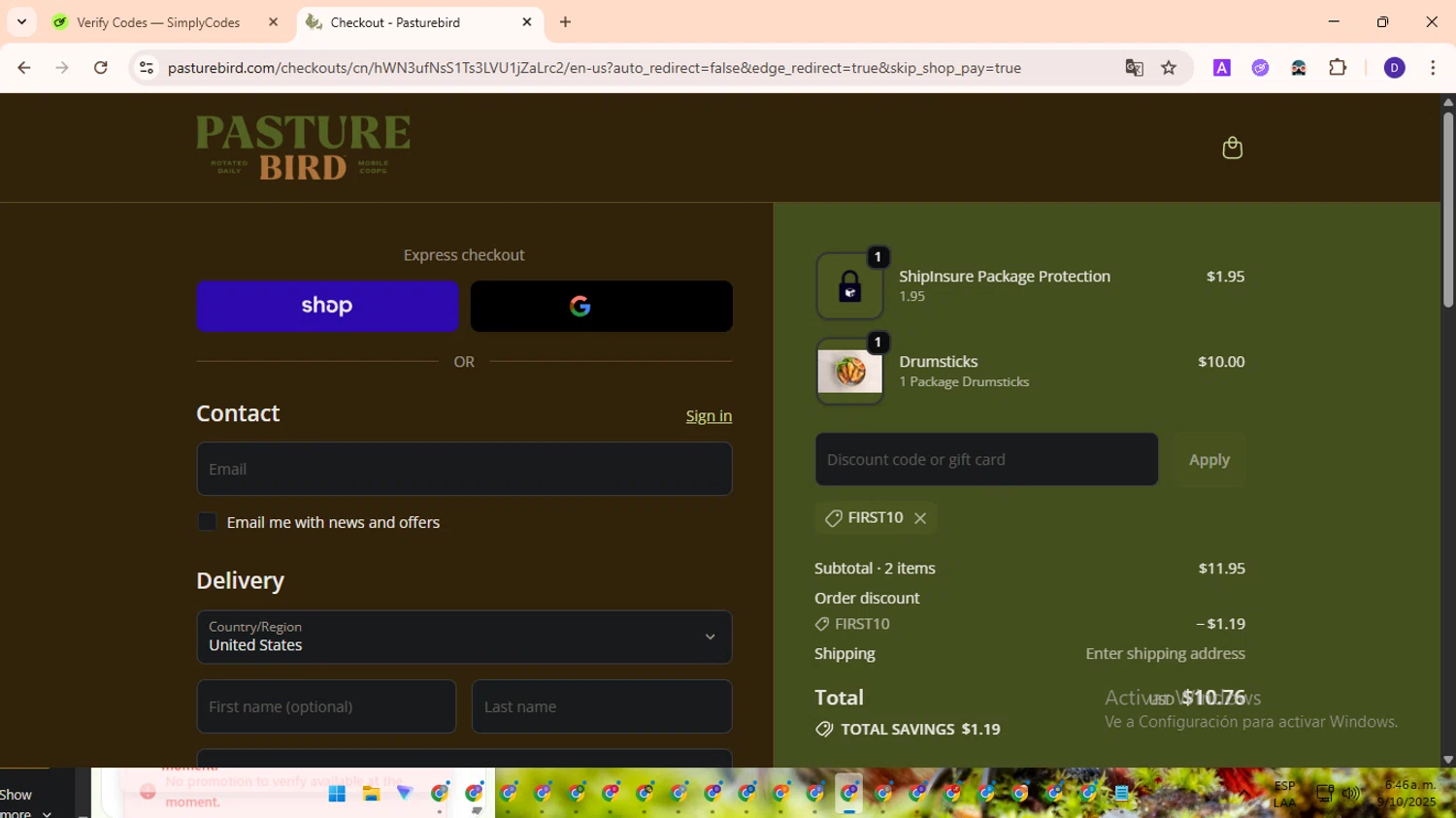 Pasturebird discount code screenshot showing code FIRST10 applied at Pasturebird checkout page. Uploaded by SimplyCodes community member PromoLion4240 on Oct 9, 2025