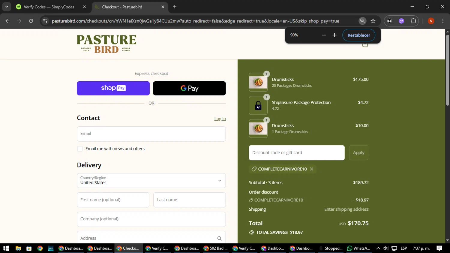 Pasturebird discount code screenshot showing code COMPLETECARNIVORE10 applied at Pasturebird checkout page. Uploaded by SimplyCodes community member MagnificentScout194 on Aug 10, 2025