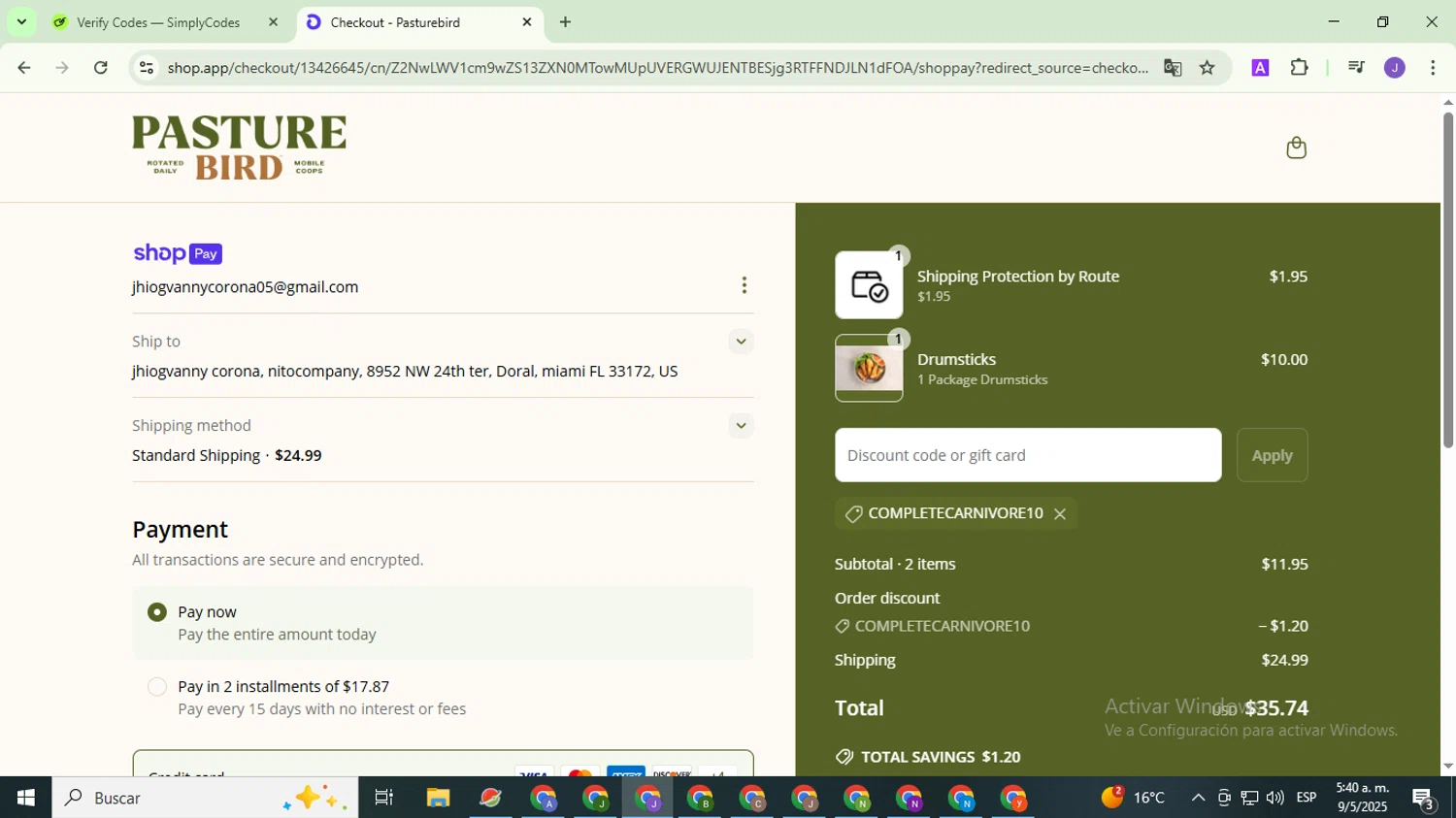 Pasturebird discount code screenshot showing code COMPLETECARNIVORE10 applied at Pasturebird checkout page. Uploaded by SimplyCodes community member PromoHunter9043 on May 9, 2025
