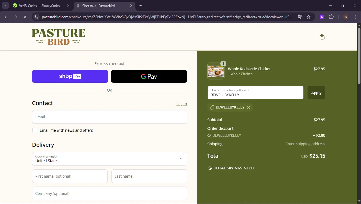 Pasturebird discount code screenshot showing code BEWELLBYKELLY applied at Pasturebird checkout page. Uploaded by SimplyCodes community member CoinCollector8010 on Jun 20, 2025