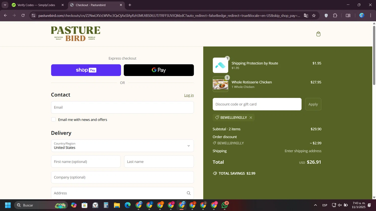 Pasturebird discount code screenshot showing code BEWELLBYKELLY applied at Pasturebird checkout page. Uploaded by SimplyCodes community member VictoriousPioneer4638 on Mar 11, 2025