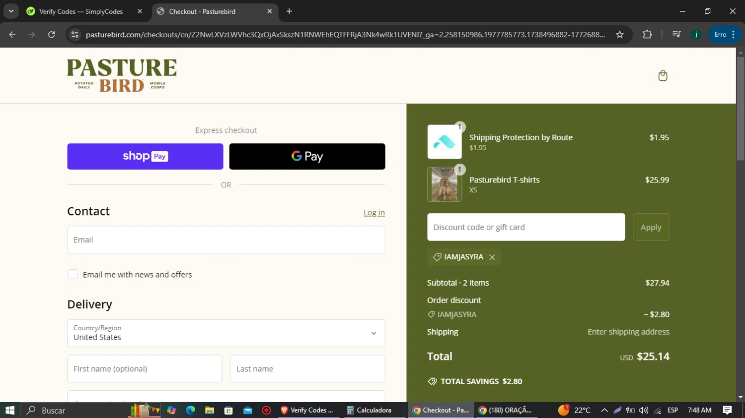 Pasturebird discount code screenshot showing code Iamjasyra applied at Pasturebird checkout page. Uploaded by SimplyCodes community member jairinho on Feb 2, 2025