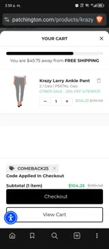Comeback25 coupon verification screenshot