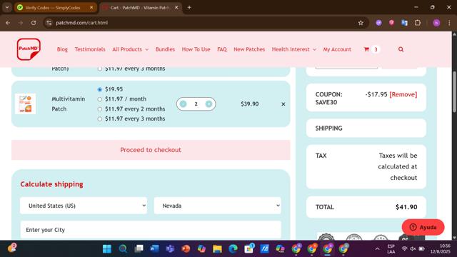 PatchMD checkout page showing PatchMD coupon code box | Screenshot taken by SimplyCodes community member on Aug 12, 2025