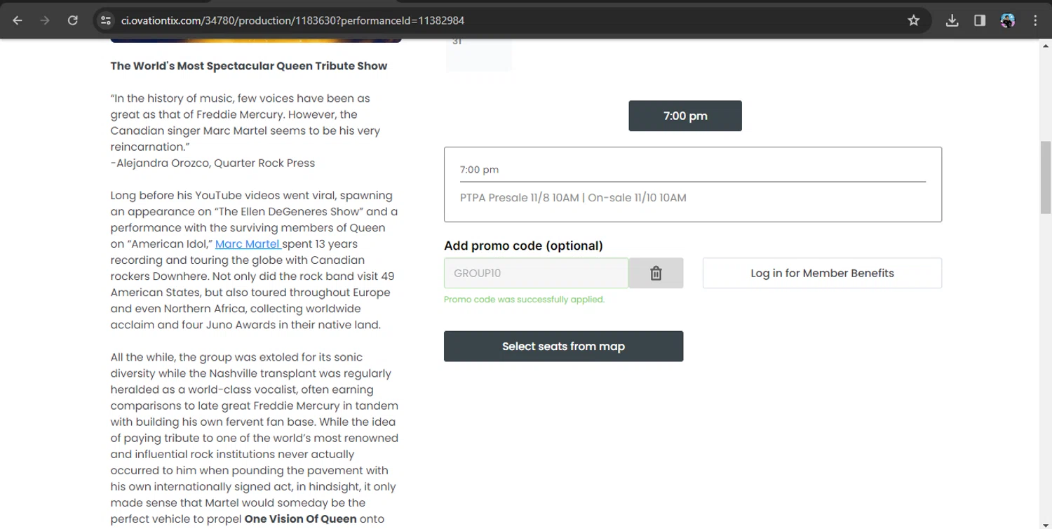 Patchogue Theatre for the Performing Arts checkout page showing Patchogue Theatre for the Performing Arts promo code box | Screenshot taken by SimplyCodes community member on Dec 29, 2023