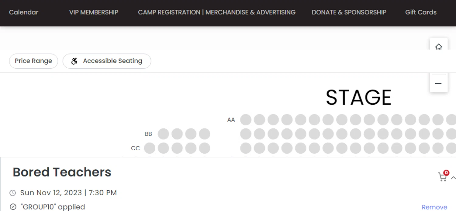 Patchogue Theatre for the Performing Arts checkout page showing Patchogue Theatre for the Performing Arts promo code box | Screenshot taken by SimplyCodes community member on Oct 3, 2023
