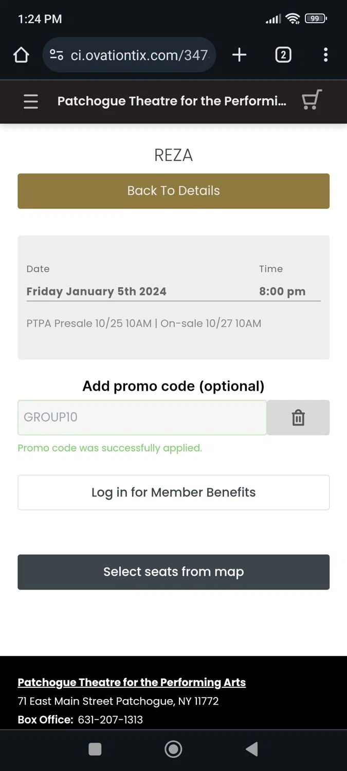 Patchogue Theatre for the Performing Arts checkout page showing Patchogue Theatre for the Performing Arts promo code box | Screenshot taken by SimplyCodes community member on Jan 4, 2024