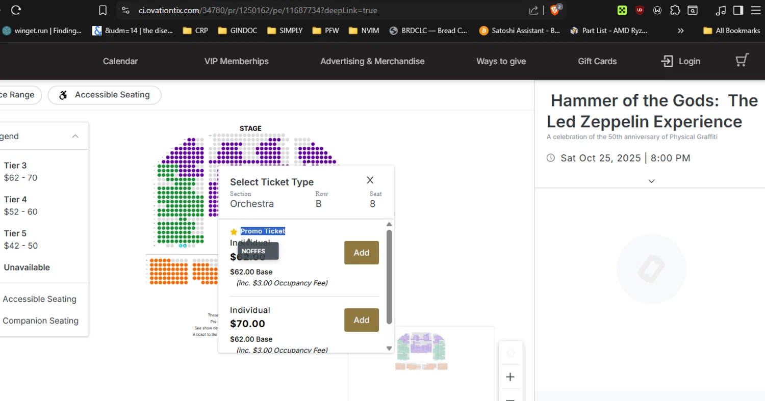 Patchogue Theatre for the Performing Arts promo code screenshot showing code NOFEES applied at Patchogue Theatre for the Performing Arts checkout page. Uploaded by SimplyCodes community member RickhiK on Oct 22, 2025