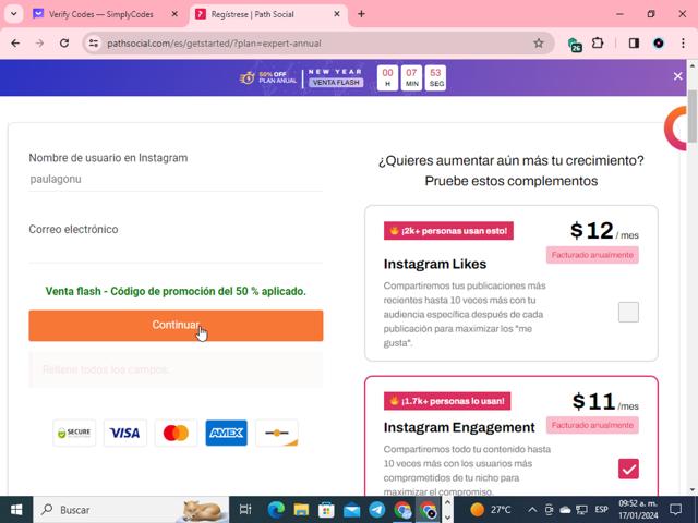 Path Social checkout page showing Path Social promo code box | Screenshot taken by SimplyCodes community member on Jan 17, 2024