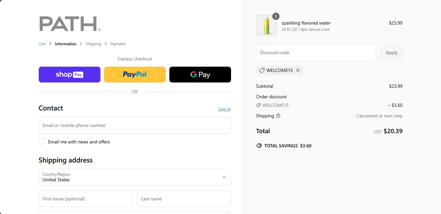 PathWater promo code screenshot showing code WELCOME15 applied at PathWater checkout page. Uploaded by SimplyCodes community member jupitera on May 12, 2025