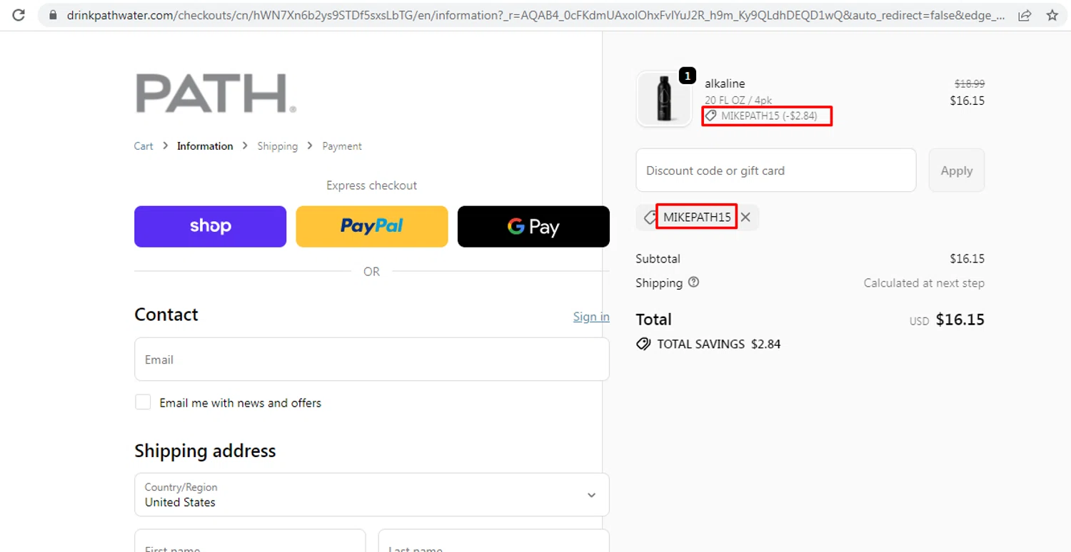 PathWater promo code screenshot showing code MIKEPATH15 applied at PathWater checkout page. Uploaded by SimplyCodes community member nileskamarcano on Jan 13, 2026