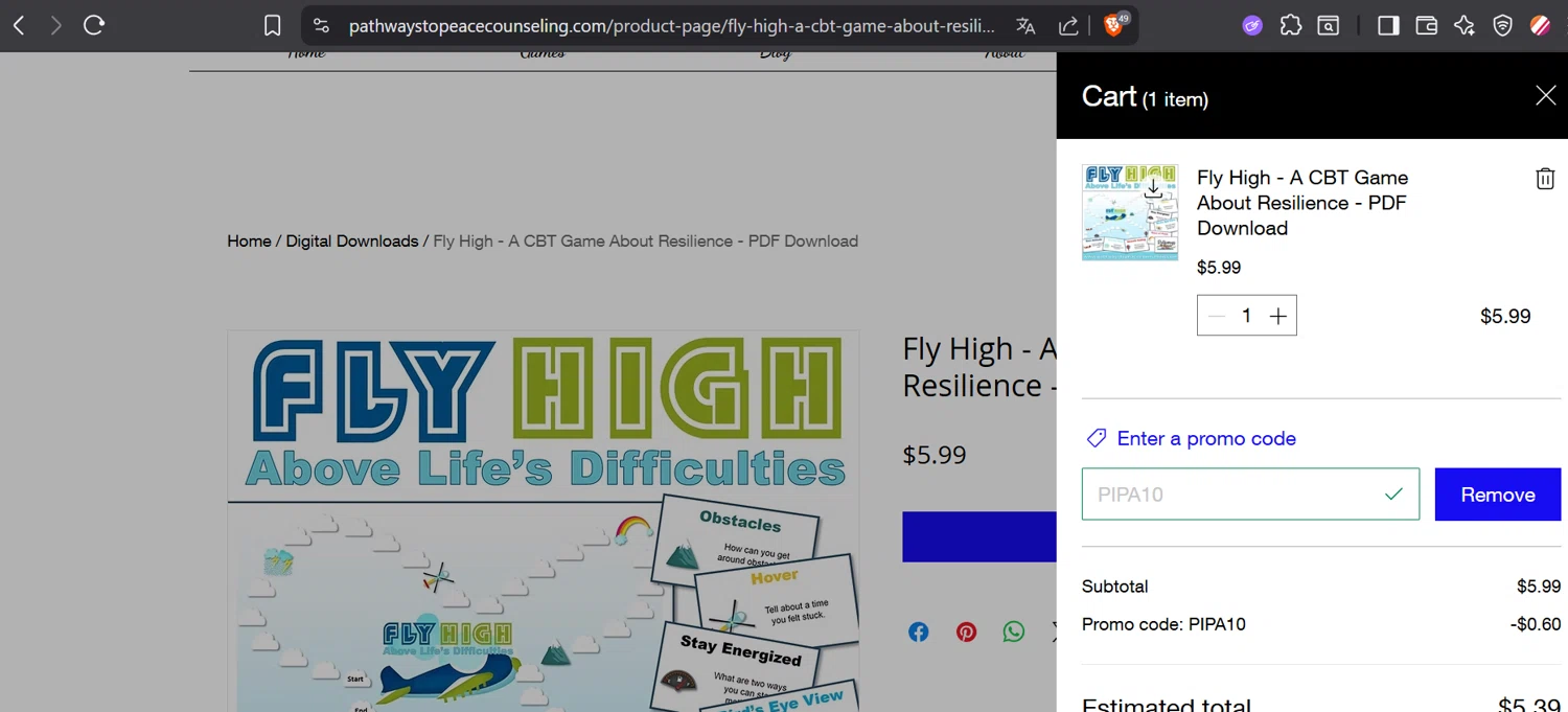 Pathways to Peace Counseling promo code screenshot showing code PIPA10 applied at Pathways to Peace Counseling checkout page. Uploaded by SimplyCodes community member CoinOwl5103 on Oct 17, 2025