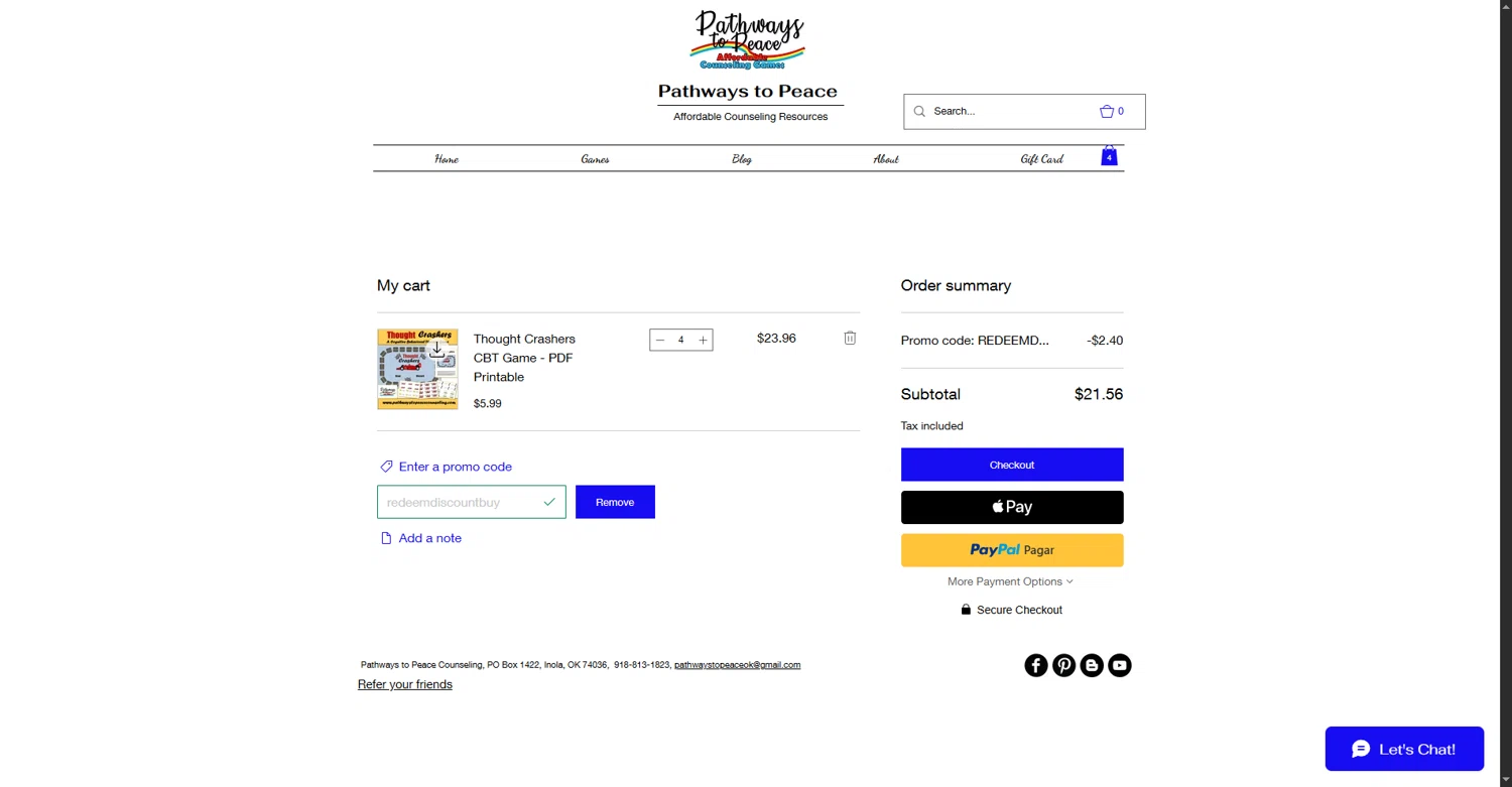 Pathways to Peace Counseling promo code screenshot showing code redeemdiscountbuy applied at Pathways to Peace Counseling checkout page. Uploaded by SimplyCodes community member DealExpert4491 on Dec 8, 2025