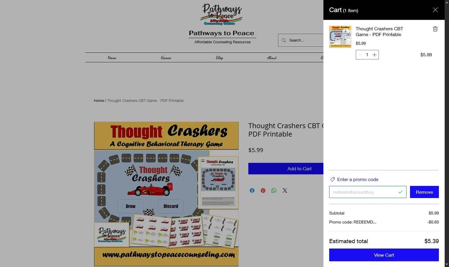 Pathways to Peace Counseling promo code screenshot showing code redeemdiscountbuy applied at Pathways to Peace Counseling checkout page. Uploaded by SimplyCodes community member LOgoter on Jan 17, 2026