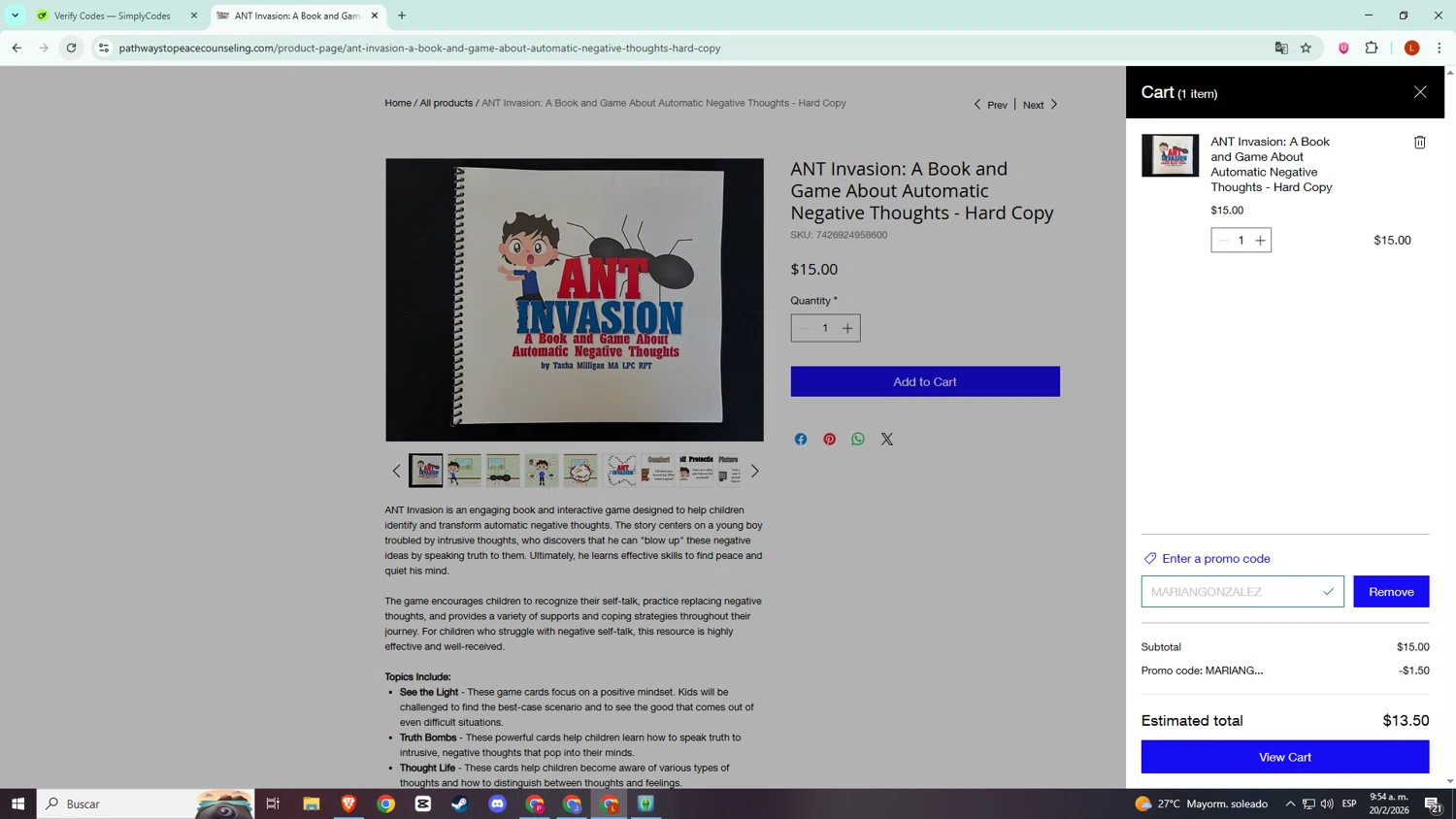 Pathways to Peace Counseling checkout page showing Pathways to Peace Counseling promo code box | Screenshot taken by SimplyCodes community member on Feb 20, 2026