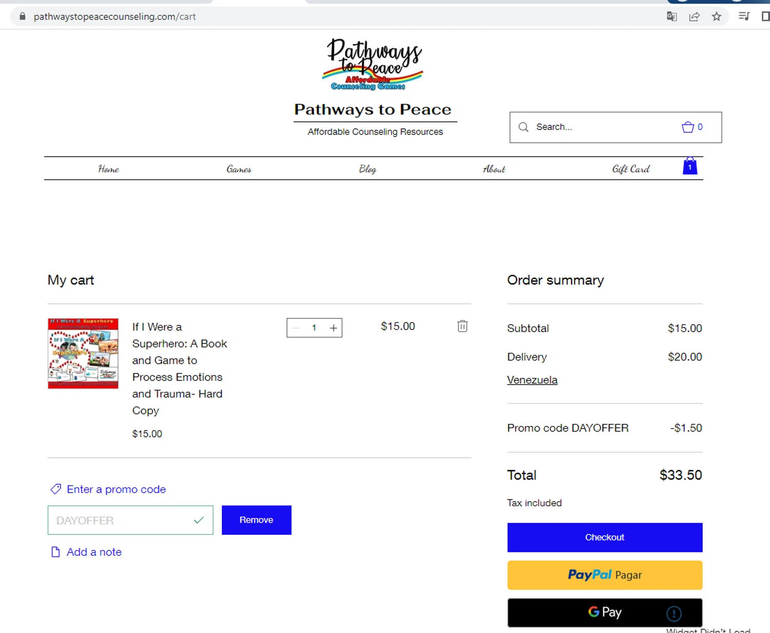 Pathways to Peace Counseling promo code screenshot showing code DAYOFFER applied at Pathways to Peace Counseling checkout page. Uploaded by SimplyCodes community member peterlee2345429f on Jul 18, 2025