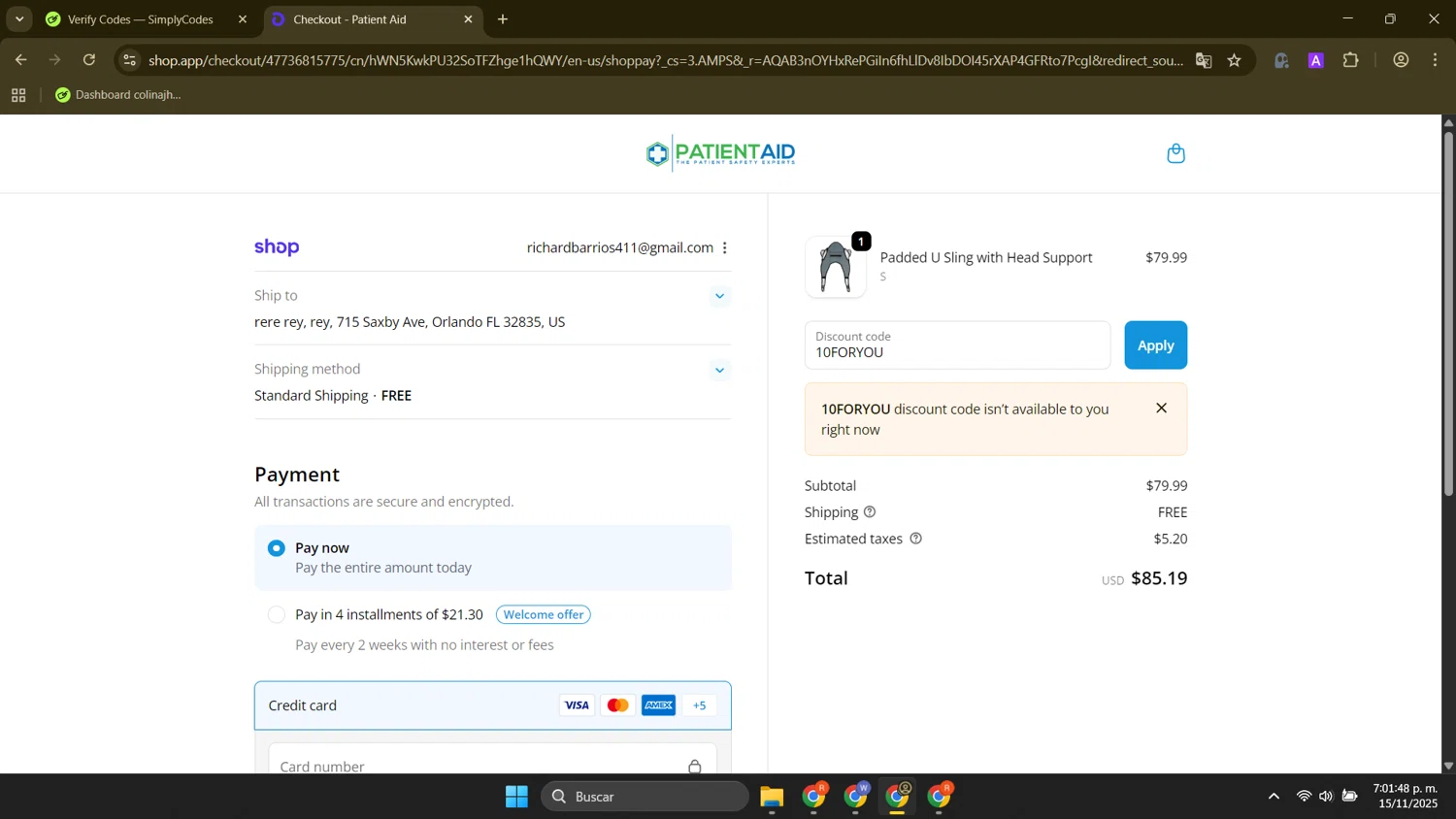 Patient Aid promo code screenshot showing code 10FORYOU applied at Patient Aid checkout page. Uploaded by SimplyCodes community member FortunateElite9977 on Nov 15, 2025