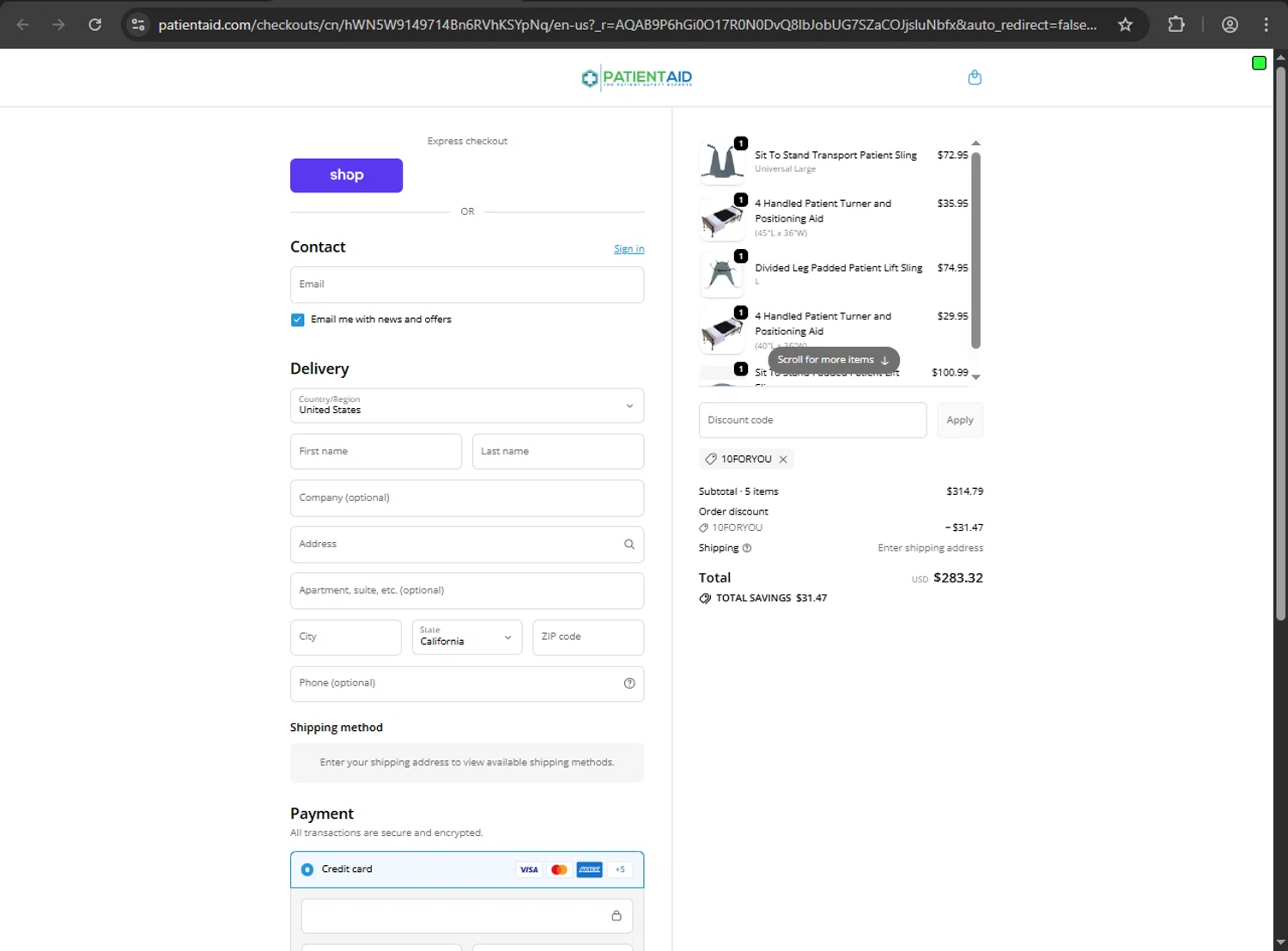 Patient Aid promo code screenshot showing code 10FORYOU applied at Patient Aid checkout page. Uploaded by SimplyCodes community member artritis on Nov 20, 2025