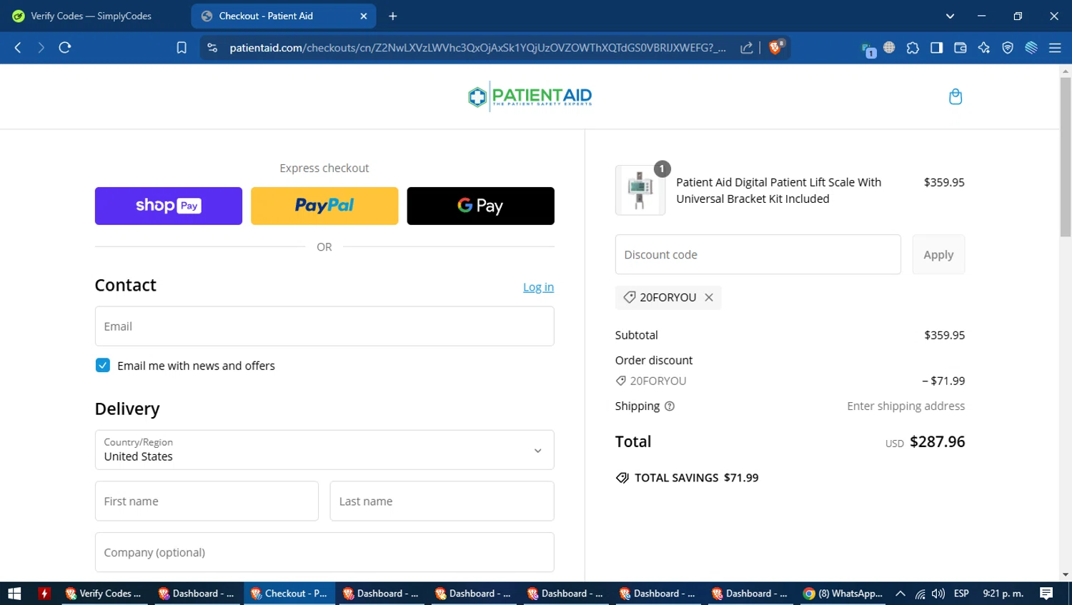 Patient Aid promo code screenshot showing code 20FORYOU applied at Patient Aid checkout page. Uploaded by SimplyCodes community member MagnificentVoyager2830 on Feb 25, 2025