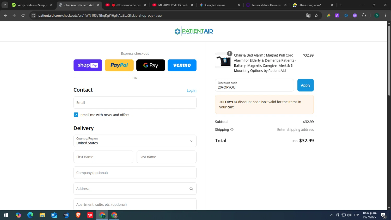 Patient Aid promo code screenshot showing code 20FORYOU applied at Patient Aid checkout page. Uploaded by SimplyCodes community member yasabesssss on Jul 28, 2025
