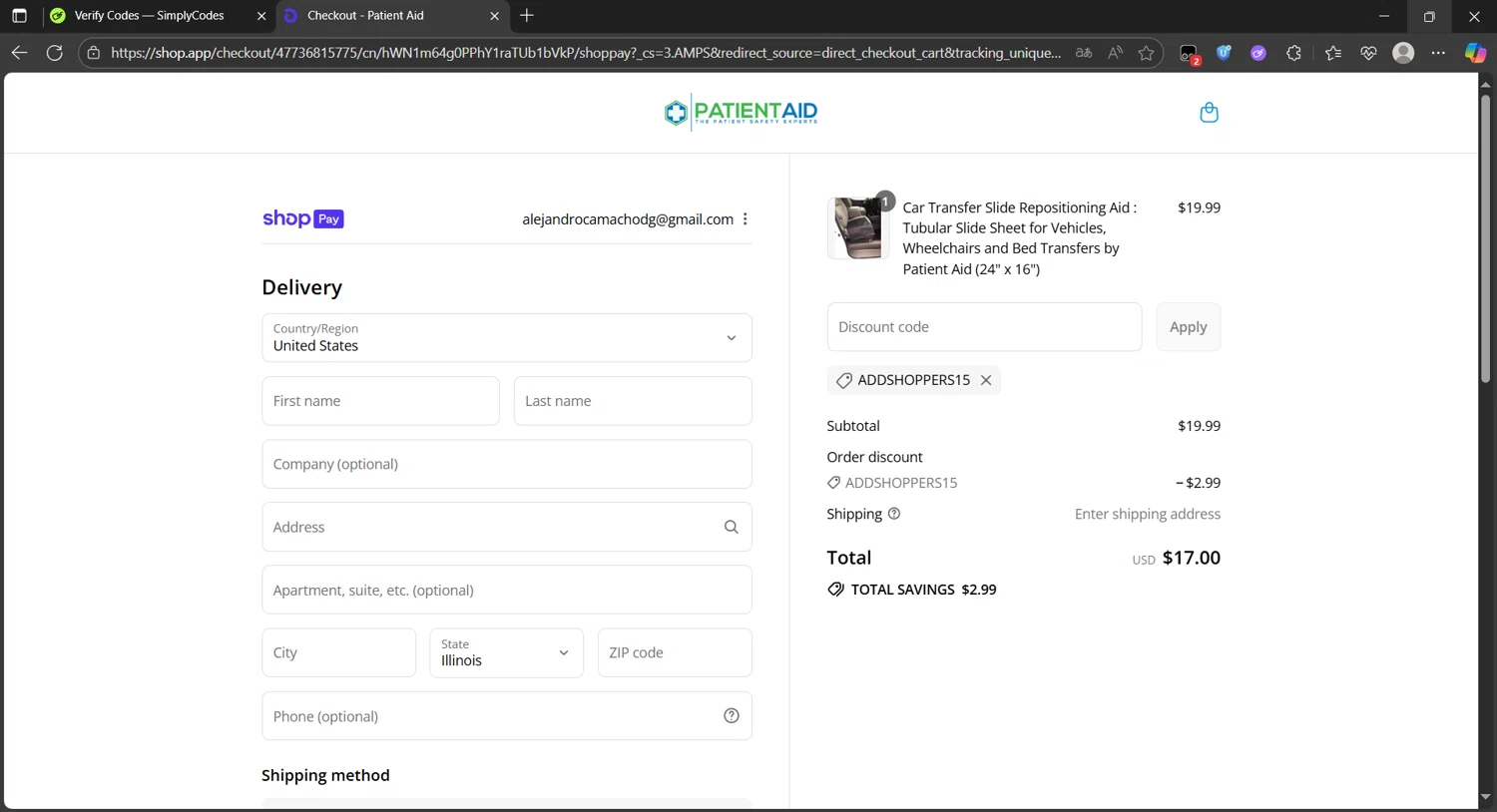 Patient Aid promo code screenshot showing code ADDSHOPPERS15 applied at Patient Aid checkout page. Uploaded by SimplyCodes community member Eltoro20 on Aug 14, 2025