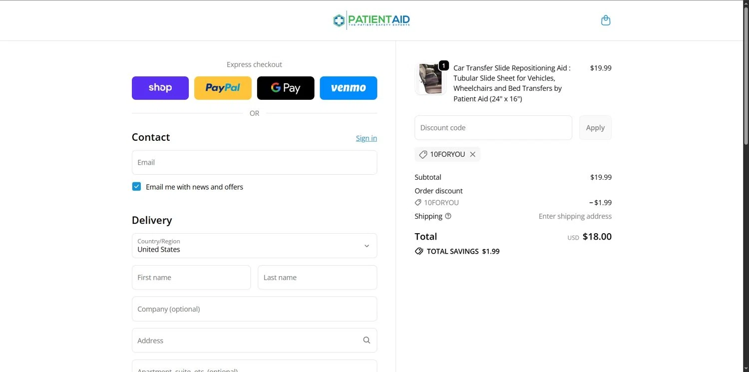 Patient Aid promo code screenshot showing code 10FORYOU applied at Patient Aid checkout page. Uploaded by SimplyCodes community member Depressive on Nov 15, 2025