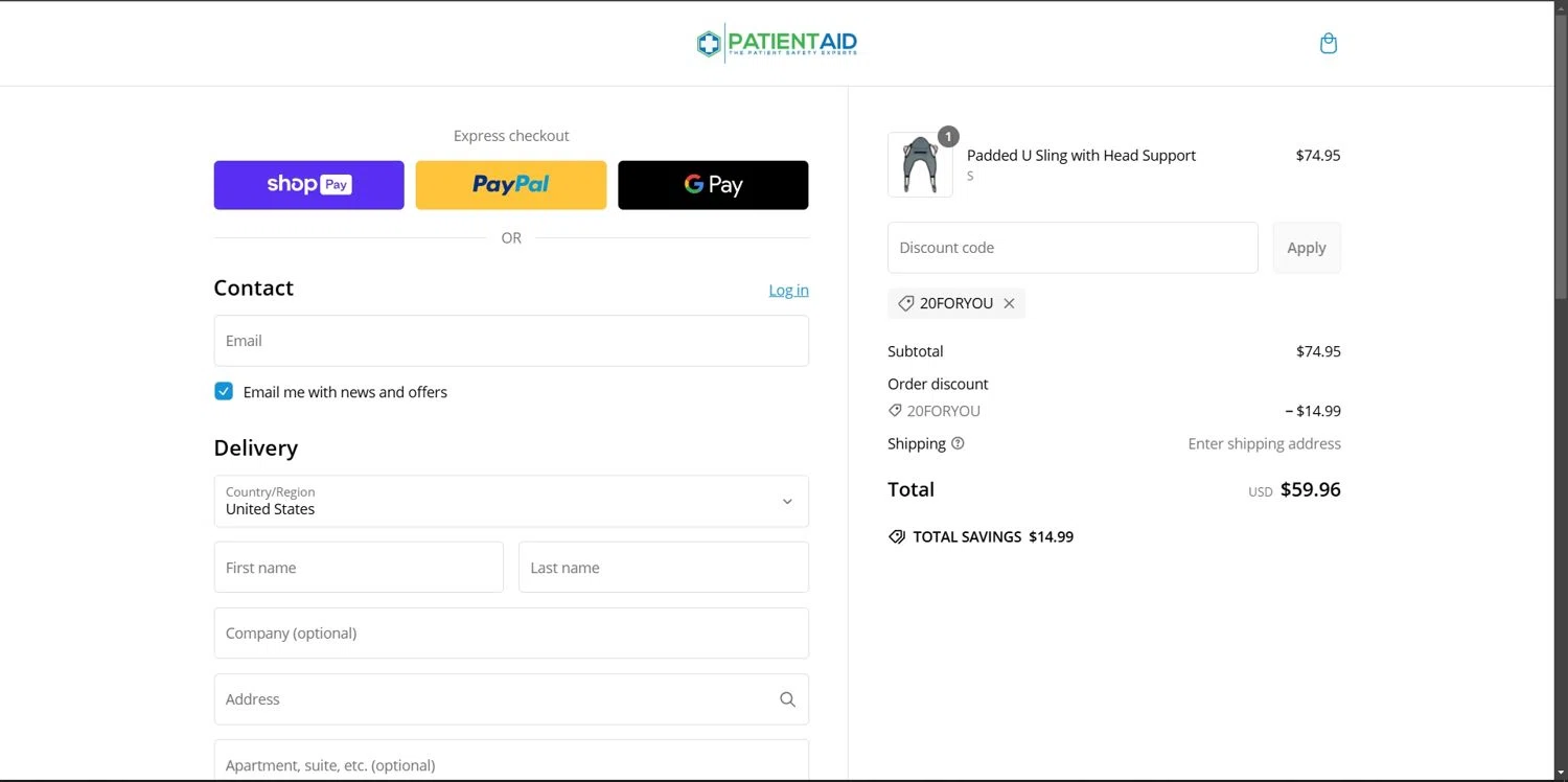 Patient Aid promo code screenshot showing code 20FORYOU applied at Patient Aid checkout page. Uploaded by SimplyCodes community member Depressive on Feb 25, 2025