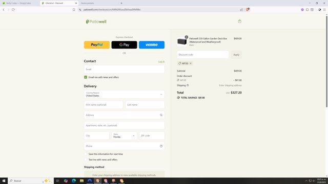Patiowell checkout page showing Patiowell coupon code box | Screenshot taken by SimplyCodes community member on Aug 31, 2025