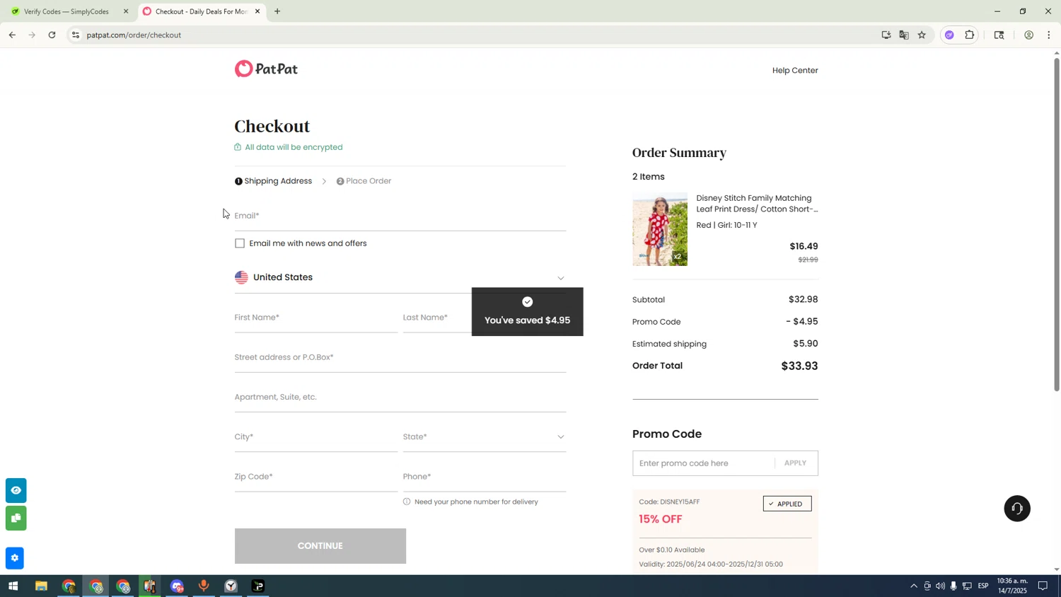 Patpat US promo code screenshot showing code DISNEY15AFF applied at Patpat US checkout page. Uploaded by SimplyCodes community member GloriousHufghnter5044sdgfg on Jul 14, 2025