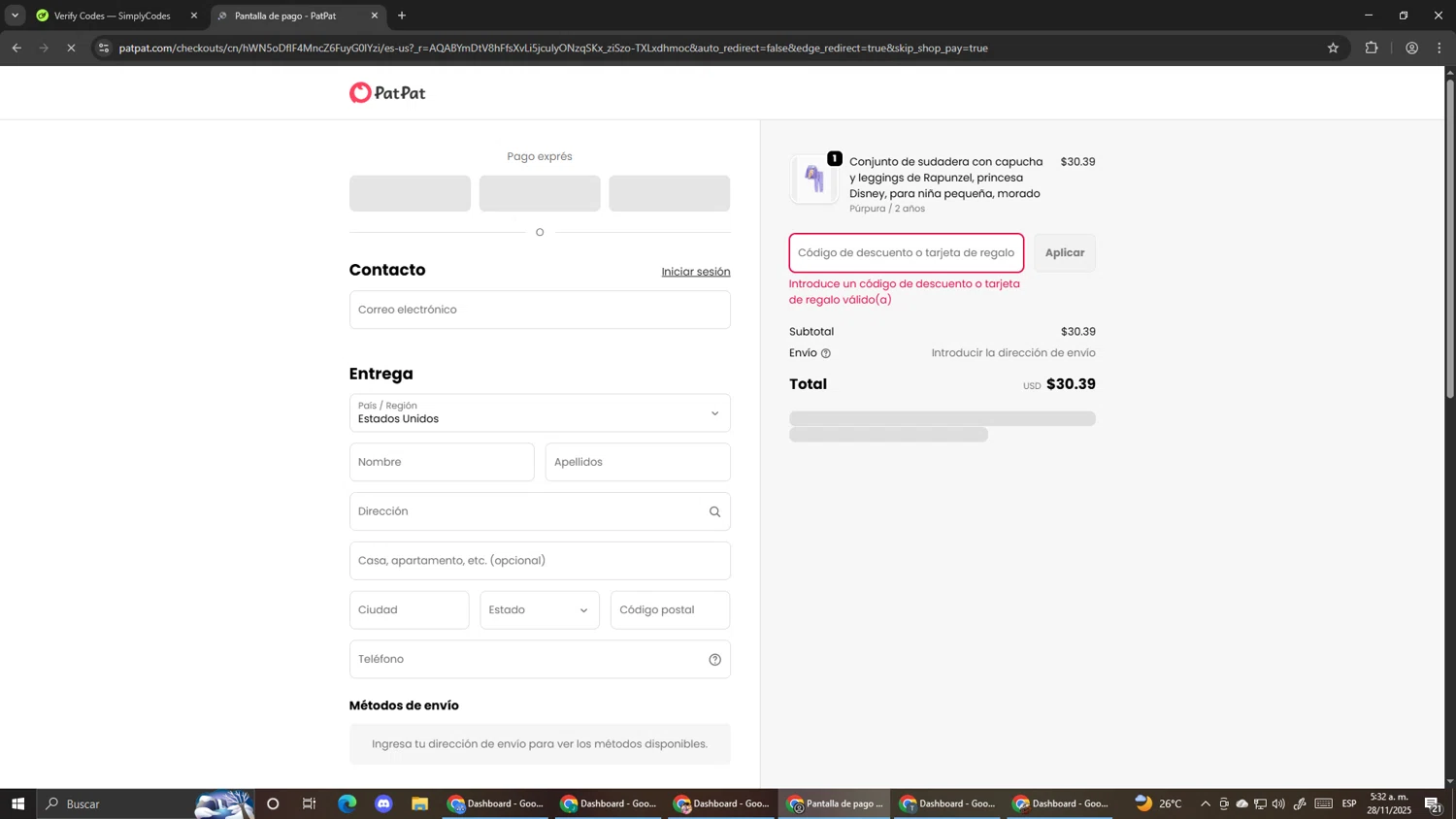 Patpat US promo code screenshot showing code DISNEY15AFF applied at Patpat US checkout page. Uploaded by SimplyCodes community member Pirlo420 on Nov 28, 2025