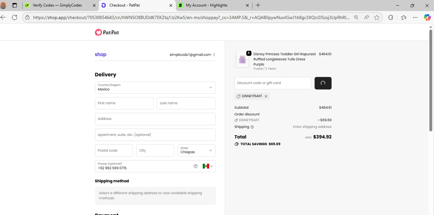 Patpat US checkout page showing Patpat US promo code box | Screenshot taken by SimplyCodes community member on Nov 17, 2025