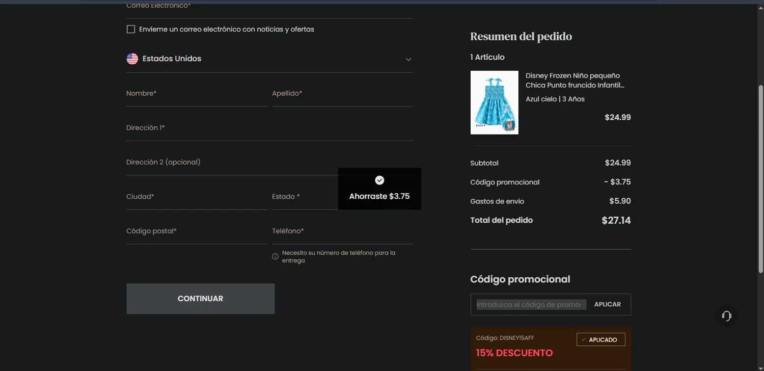 Patpat US promo code screenshot showing code DISNEY15AFF applied at Patpat US checkout page. Uploaded by SimplyCodes community member TreasureMaestro5413 on Aug 26, 2025