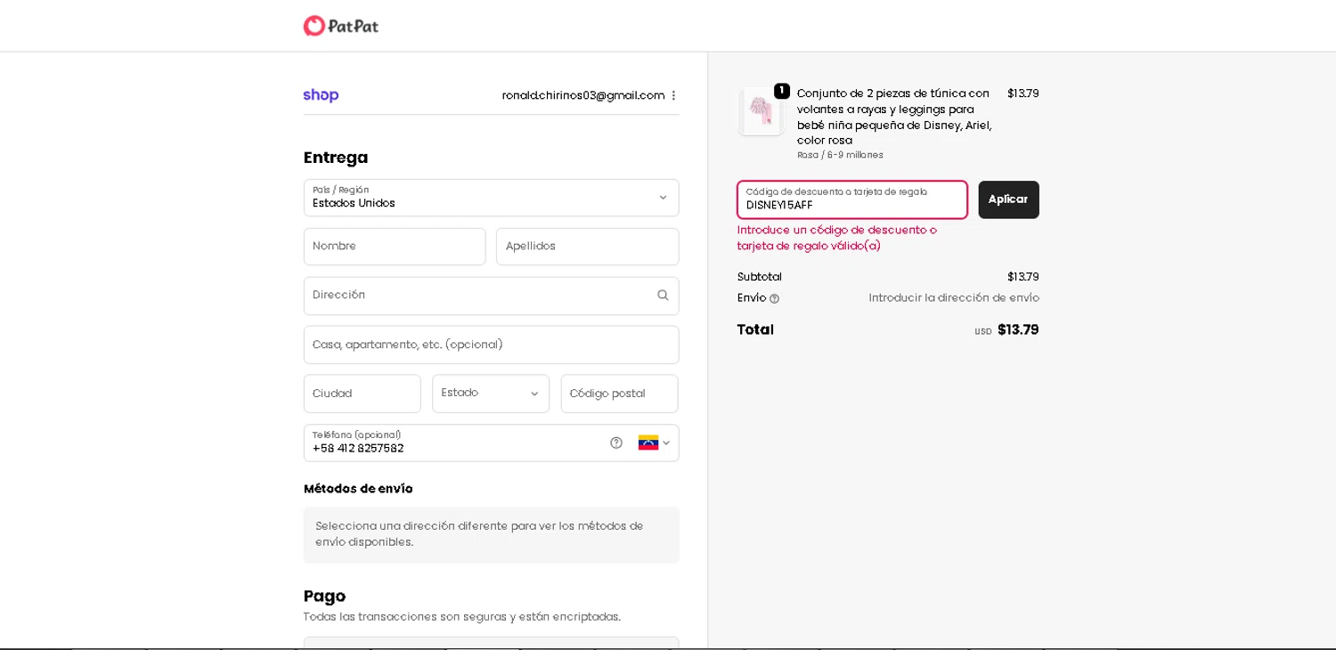 Patpat US promo code screenshot showing code DISNEY15AFF applied at Patpat US checkout page. Uploaded by SimplyCodes community member davisams on Nov 28, 2025