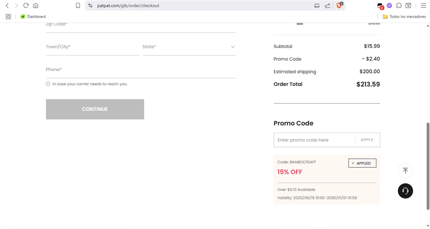 Patpat US promo code screenshot showing code BAMBOO15AFF applied at Patpat US checkout page. Uploaded by SimplyCodes community member Fabio05 on Jul 23, 2025