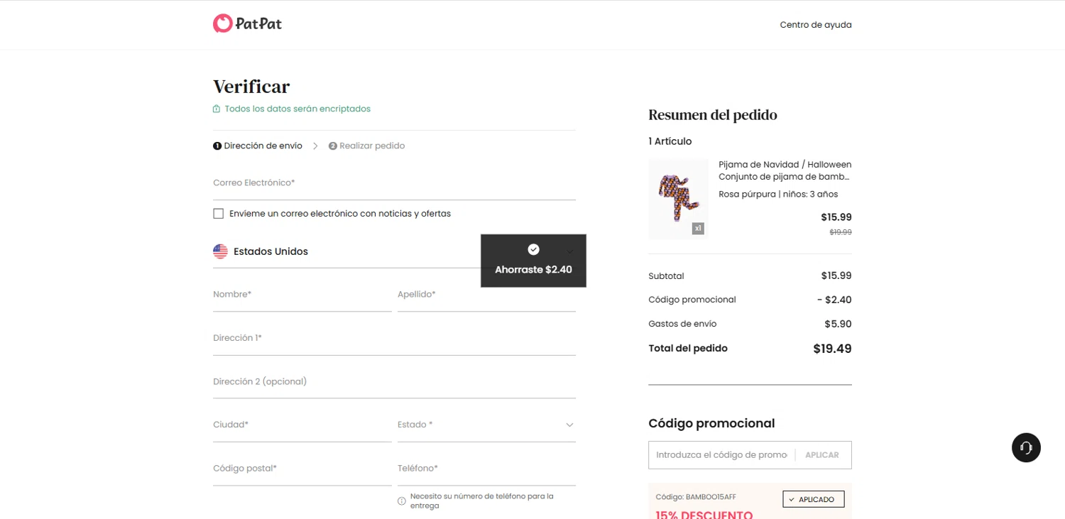 Patpat US promo code screenshot showing code BAMBOO15AFF applied at Patpat US checkout page. Uploaded by SimplyCodes community member Wolffire on Aug 11, 2025
